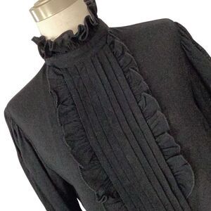 Vintage Bill Haire For Fredricks Wool Black Ruffle Blouse Top Made in USA